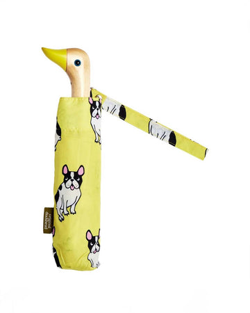 packaged yellow duckhead umbrella with all over french bulldog print