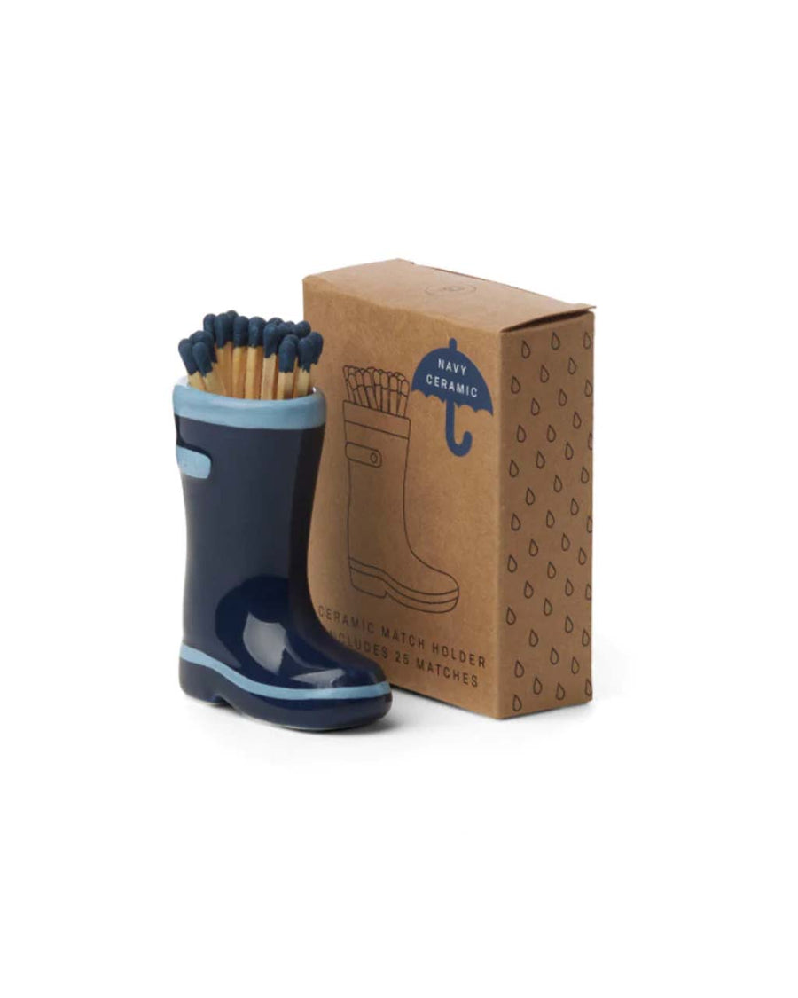 navy ceramic rain boot match holder with 25 matches