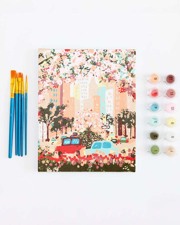 painted colorful 'peach' city paint by numbers with paintbrushes and paint pots
