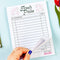 model flipping through white 'FRESH PICKS' check notepad