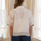 back view of model wearing white lace trim button down short sleeve blouse with all over embroidered and inlets