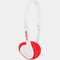 reverse side of white and red corded headphones