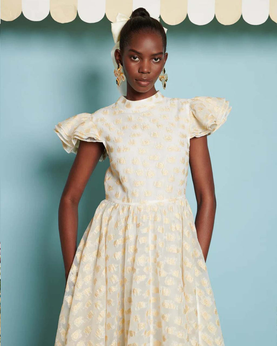 up close of model wearing light yellow jacquard midi dress with ruffle sleeves and cinched waist