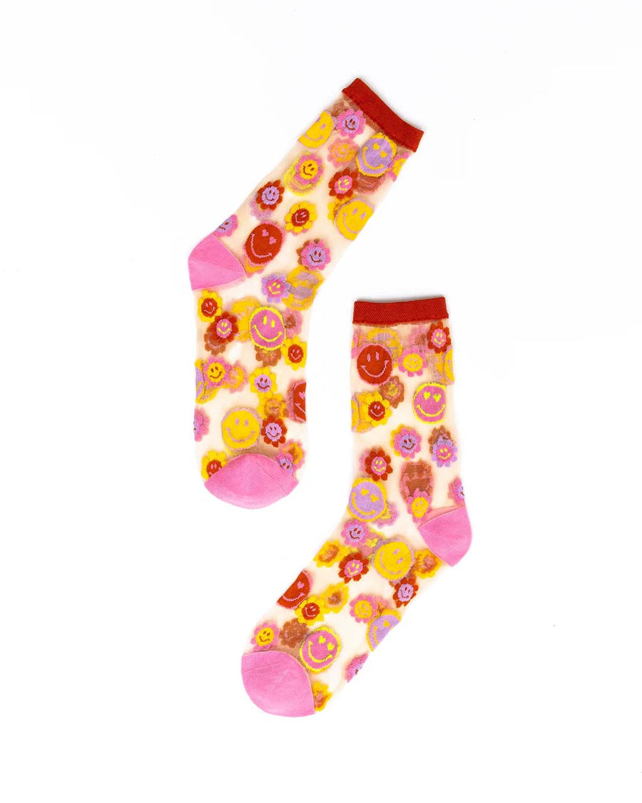 sheer socks with colorful smiley face and smiley floral print