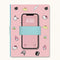 pink pinstripe notebook with blue elastic phone loop and sanrio character faces print with a phone in the loop