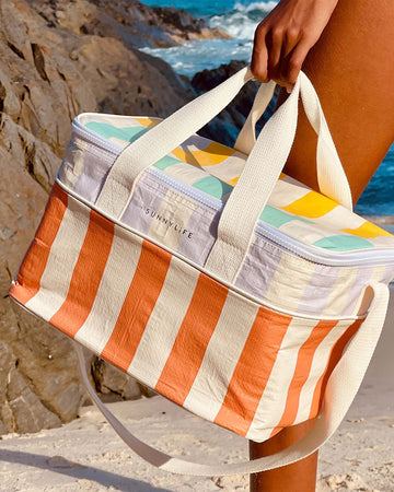 yellow, mint, lavender and coral striped cooler bag