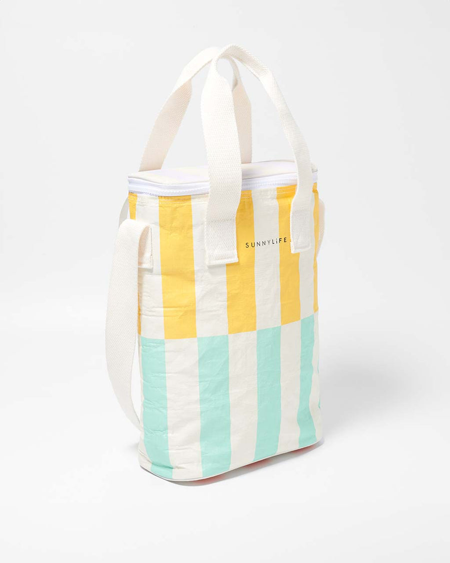 yellow/white and mint/white striped drink cooler