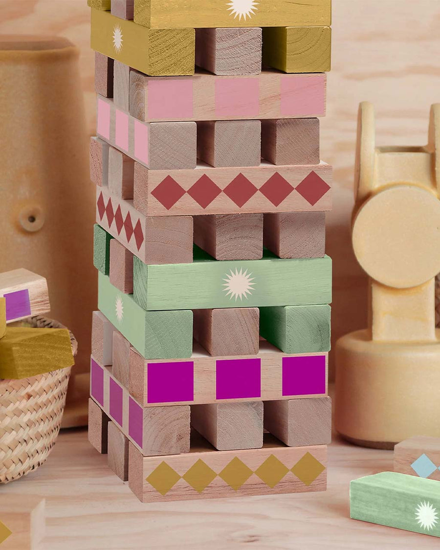 up close of colorful wooden jumbling tower