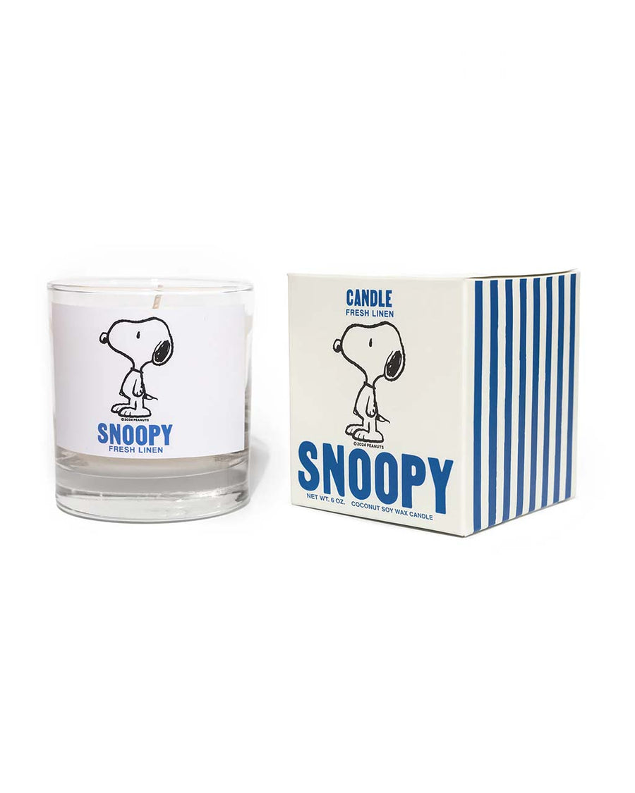 fresh linen scented candle with snoopy graphic and box