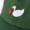 up close of green hat with good and apple embroidered design