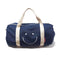 denim duffle bag with white smiley face and white straps