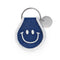 denim patch keychain with white smiley face and trim