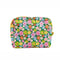 green quilted makeup bag with colorful abstract floral print