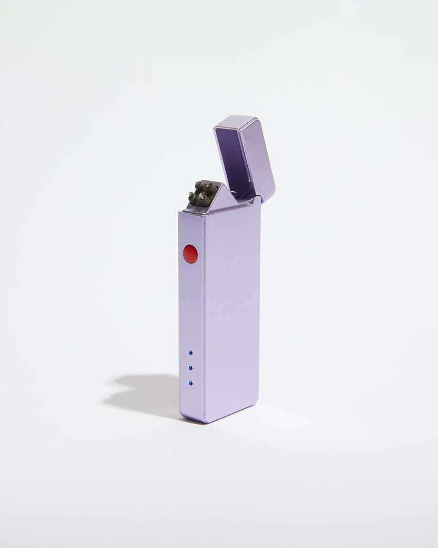 side view of open lavender double arch slim lighter