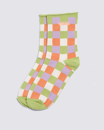 green, orange, lavender and cream plaid crew curl socks
