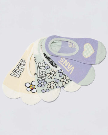 set of three no-show socks: white flower face, light blue floral, and purple checkered heart