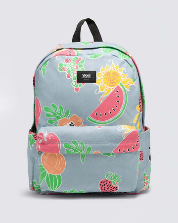 light blue backpack with colorful fruit and sun print