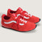 red vans super low pro trainer sneakers with white accents with red laces