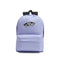 lavender nylon backpack with black accents and black and white Vans 'Off The Wall' skateboard patch