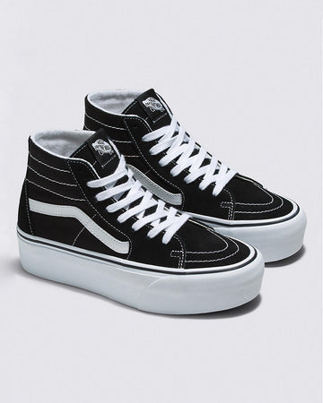 pair of black and white classic vans sk8-hi tapered stackform shoes