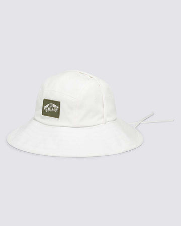 white bucket hat with strap and green 'vans off the wall' patch