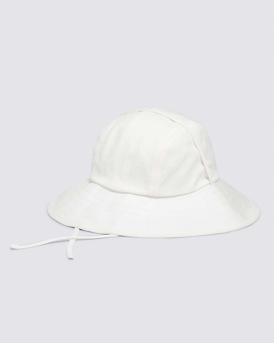 back view of white bucket hat with strap and green 'vans off the wall' patch