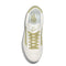 top view of white sneaker with chartreuse stripe and accents