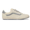 side view of cream sneaker with slate blue stripe and accents