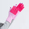 model wearing fuschia and lilac color block gloves with tech compatible fingertips