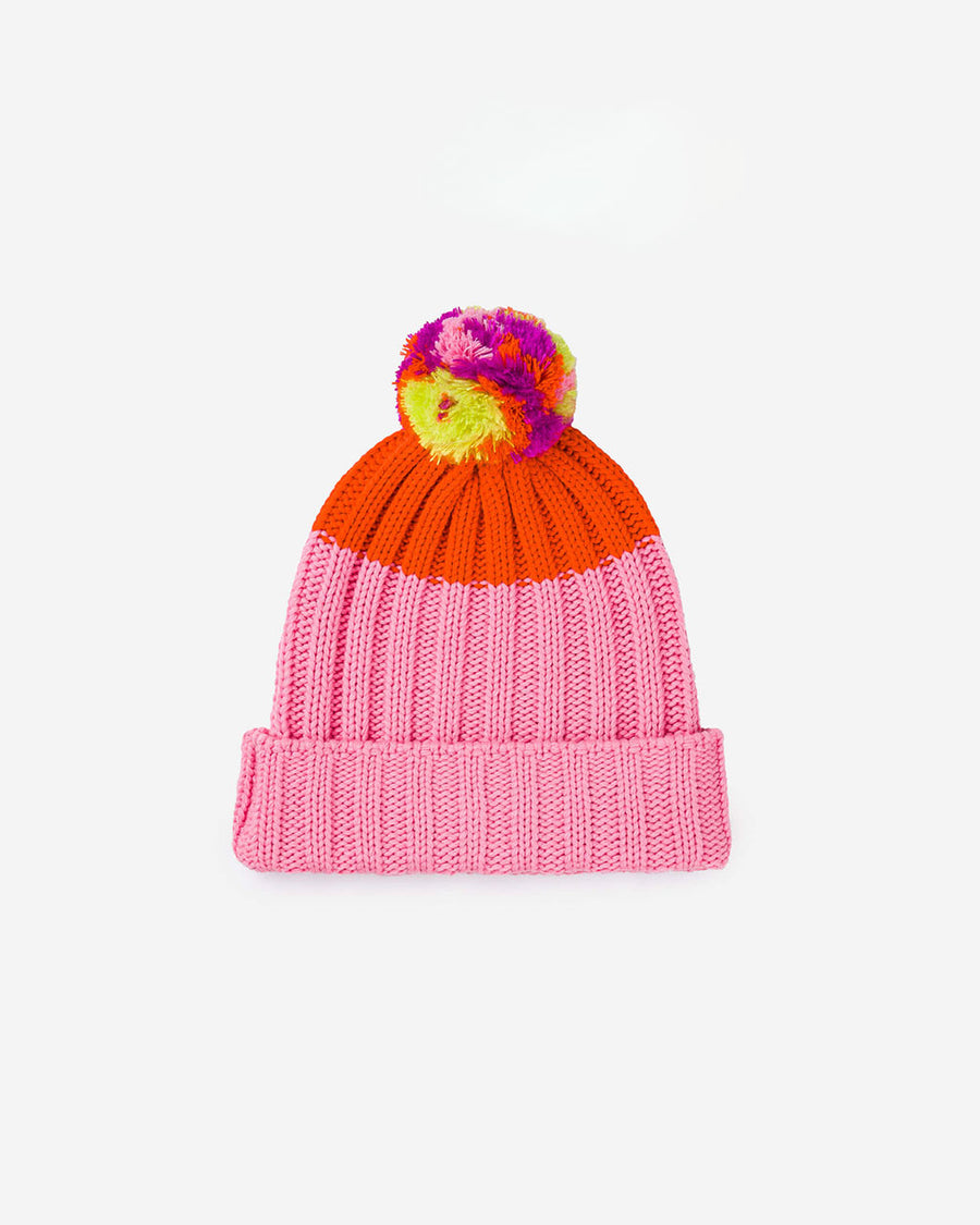 pink beanie with orange end and yellow, red, and pink pom