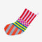 multicolored holiday stocking with various stripes and checkered print
