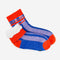 fleece interior of blue and lilac stripe socks with bright red trim