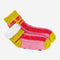 interior fleece of pink and red stripe socks with chartreuse trim