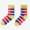 blue, orange, coral, lavender striped socks with yellow trim