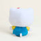 back view of hello kitty wearing blue overalls and yellow top with her iconic red bow warmie plush