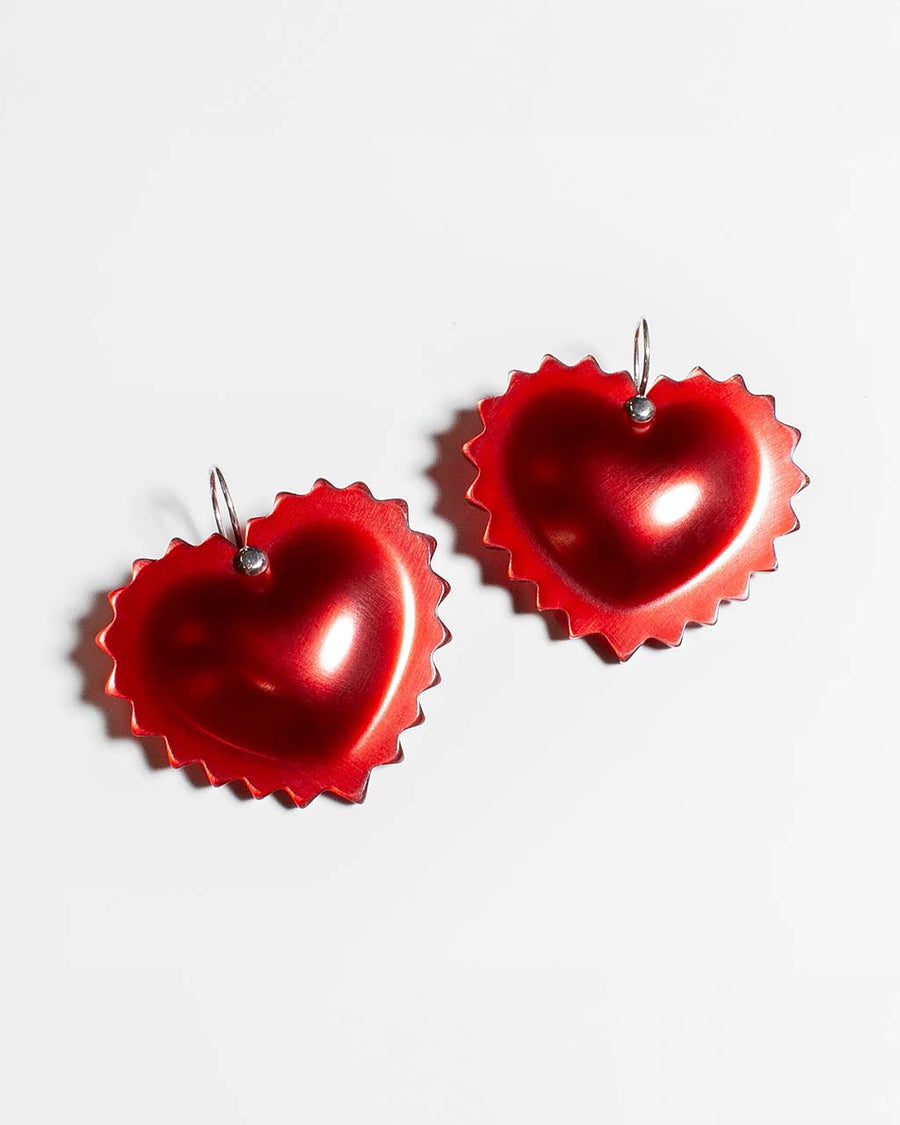red metallic heart shaped ravioli dangle earrings