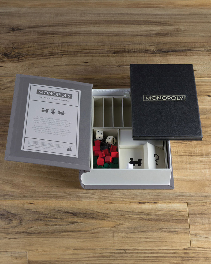 packaged monopoly vintage board game with retro bookshelf cover