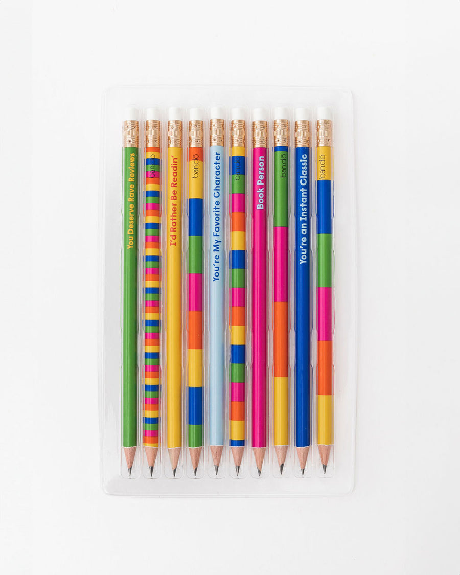 packaged set of colorful pre-sharpened wood pencils with various book compliments on them