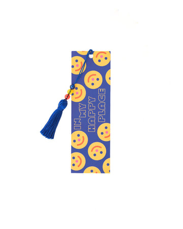 blue bookmark with blue ground and 'in my happy place' with all over smiley print and blue tassel