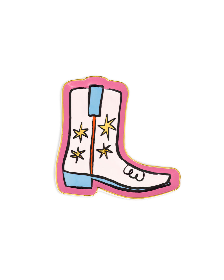 pink trinket tray with white and blue boot with star details