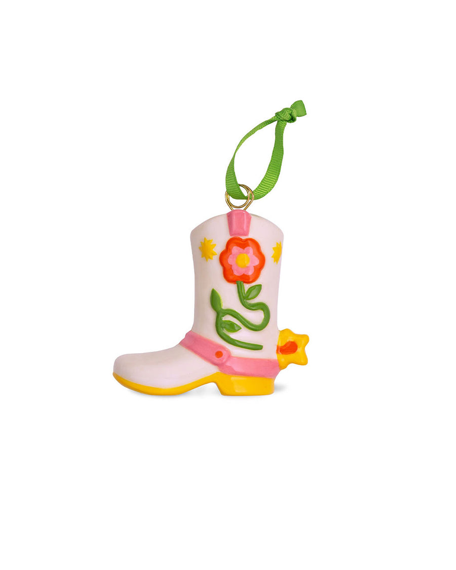 pink ceramic cowboy boot ornament with pink floral detail
