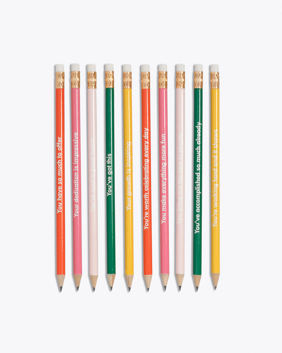 set of 10 pencils in pink, red, blush, green, yellow with compliment phrases in white text