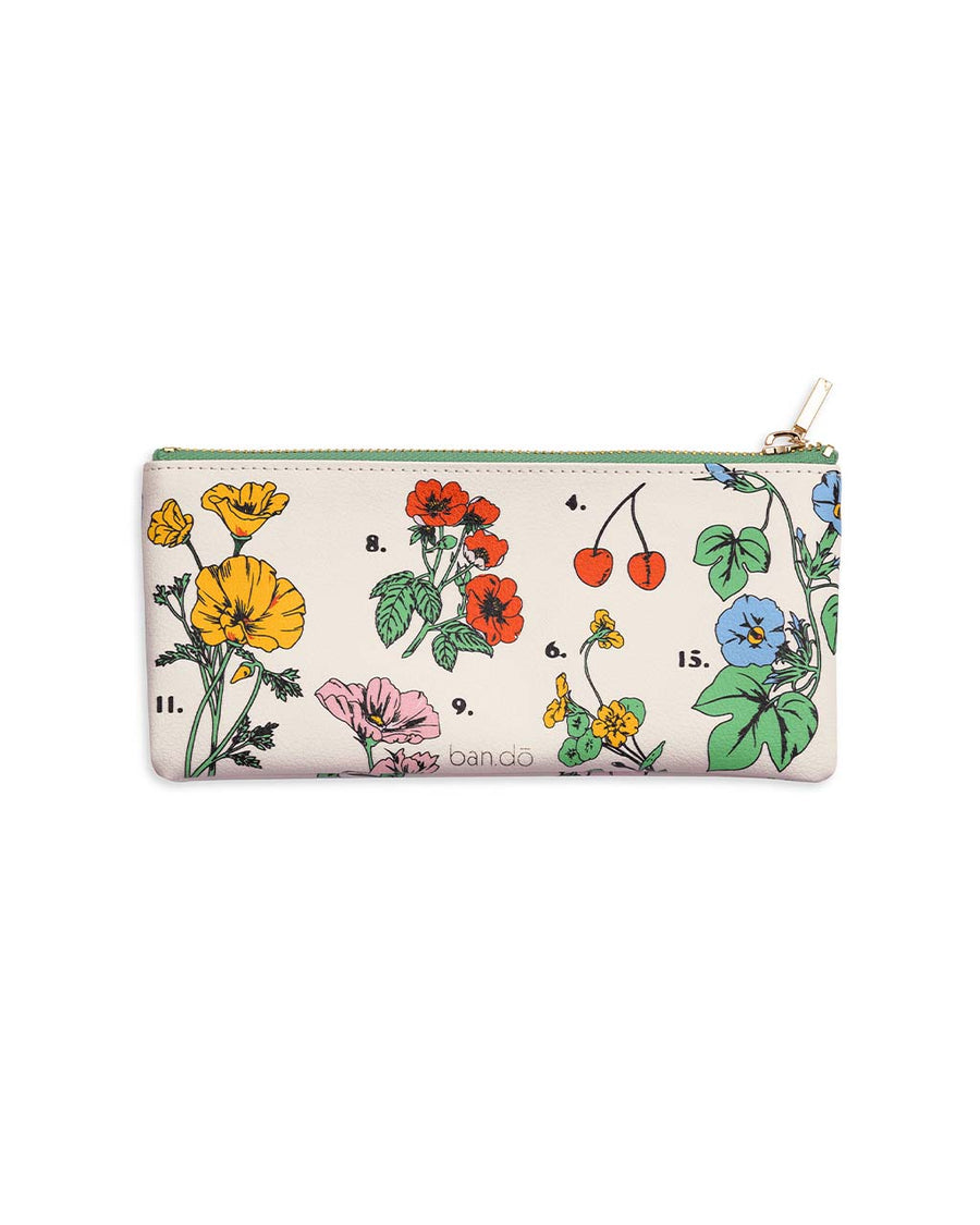 back view of cream botanical pencil pouch with metallic gold 'ban.do' logo