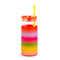 backview of glass 20 oz tumbler with red lid, yellow straw, and rainbow ombre sleeve with white text 'make time to make magic' across the front