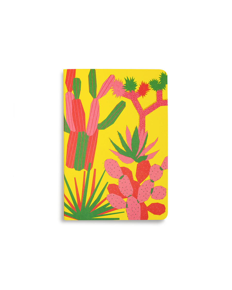 notebook with yellow ground and pink and green cactus print