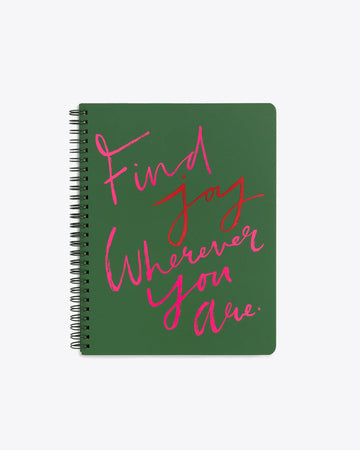 mini notebook with a green cover and the words find joy wherever you are