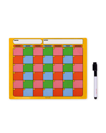 pink, blue, green colorblock magnetic dry erase board with yellow trim and black dry eraser marker