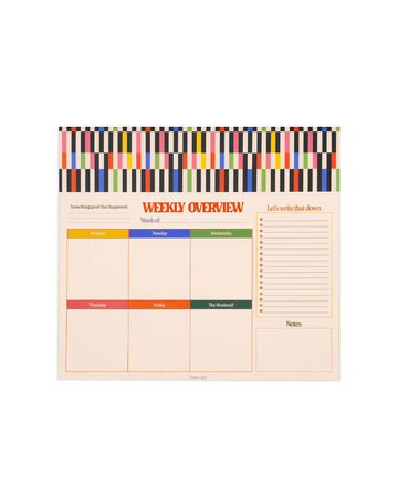colorful mid-century stripe desk notepad with weekly overview and notes section