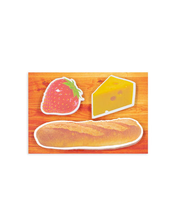 sticky note set in realistic strawberry, cheese, and baguette