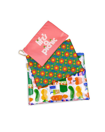set of 3 carryall pouches: small pink 'life's a picnic', medium green with red folk floral, and large transparent picnic charcuterie print